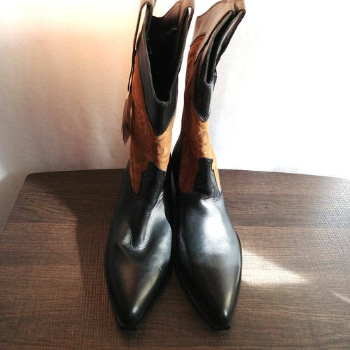 ZARA WOMAN SS23 EMBROIDERED LEATHER COWBOY BOOTS BLACK TAN SIZE US 11 SNIP TOE - Picture 8 of 16