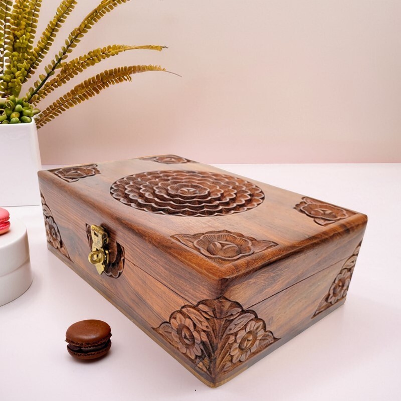 Elegant 12x7x4 Rosewood Jewelry Box with Lotus Carving – New Storage-image