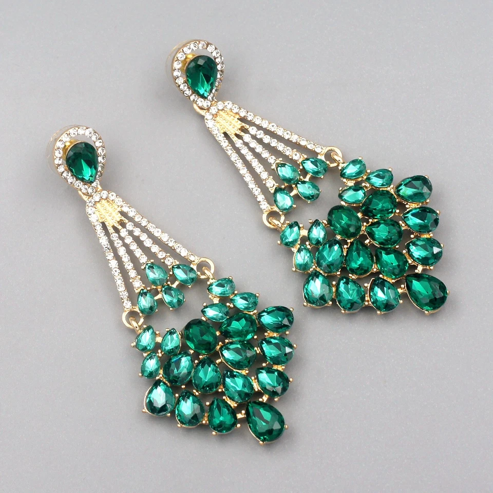 Pendientes colgantes verdes cristal fucsia estrás araña mujer graduación joyería 4 Foto 3 de 4