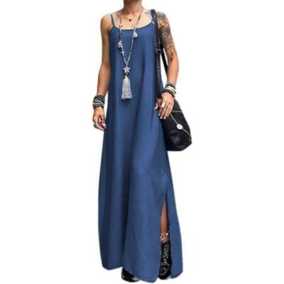 Summer Womens Denim Thin Side Slit Dres Loose Comfortables Suspender Long Skirt