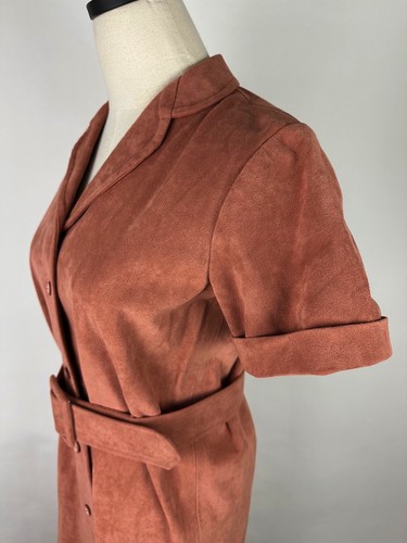 Vestido Vintage Años 70 80 Imitación Gamuza S Marrón Óxido Ultragamuza Cinturón Botón Delantero - Imagen 9 de 14