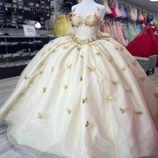 Gold Bow Quinceanera Dresses Ball Gown Beaded Applique Sweet 16 Birthday Dress