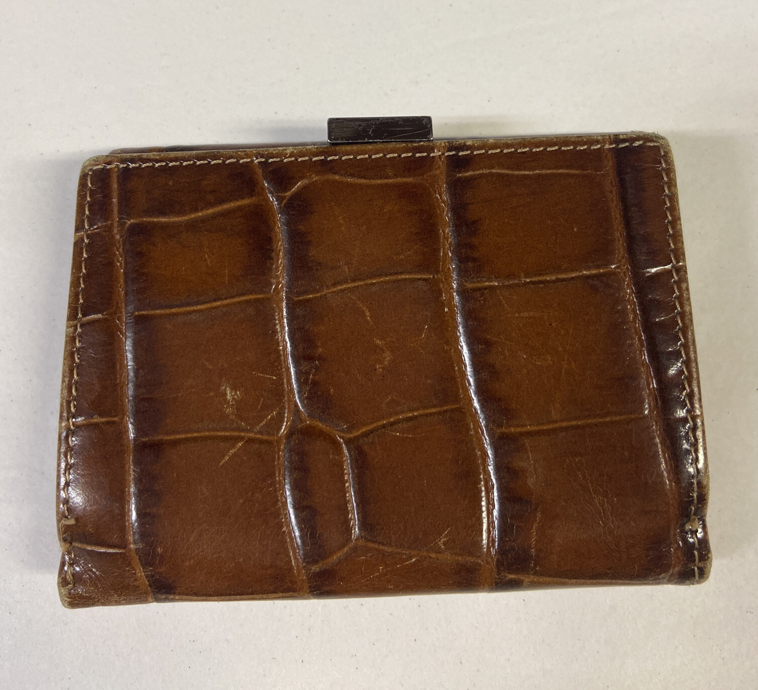 MONSAC Vintage Crocodile Leather Tri-Fold Wallet Clasp Coin Purse Brown