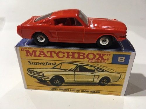 Matchbox Lesney Superfast 8 Custom Ford Mustang In Orange Red Nice Repro Box. - Picture 2 of 5