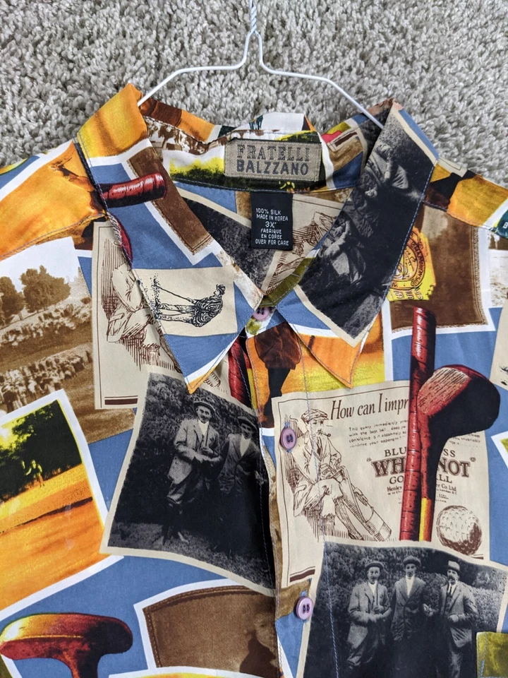 Fratelli Balzanno Silk Shirt Men 3XL Vintage Golf All Over Print Button Vintage - Image 4 of 4