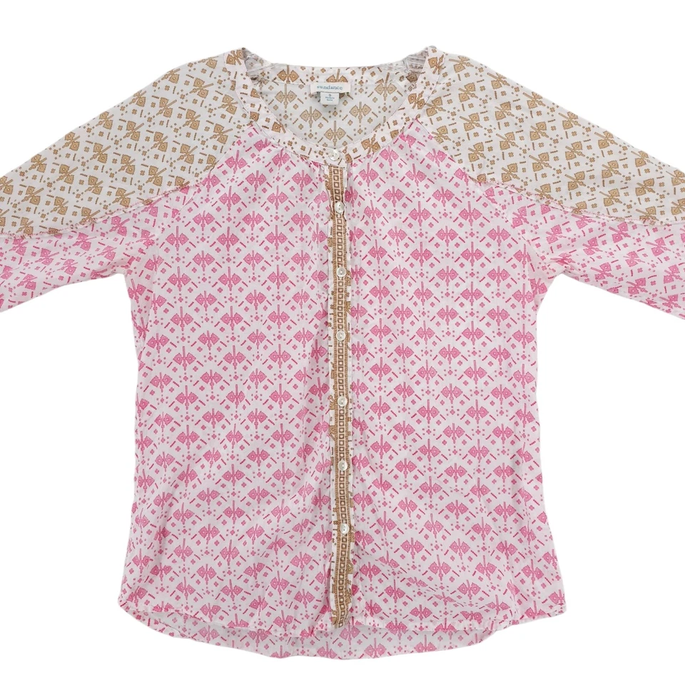 Blusa SUNDANCE Rosa Beige Blanco Camisa Geométrica Abotonada 100% Algodón PEQUEÑA Foto 2 de 4
