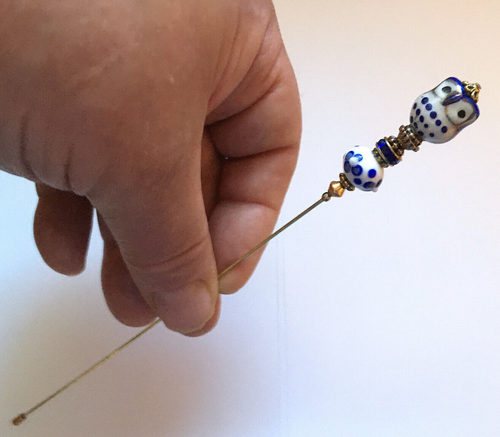 HATPIN with Cute Blue OWL Hand Made Ceramic, Beads & Rhinestones - 8" Brass - Picture 12 of 13