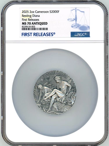2025 Cameroon Resting Diana 2 oz High Relief Silver Coin NGC 70 FR