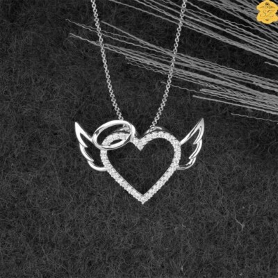 0.20 Ct Lab Created Diamond Angel Heart Pendant Necklace 14k White Gold Over