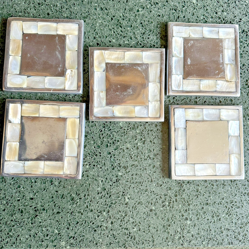 Pottery Barn Square Coasters Mother of Pearl Metal Silver Tone Set of Five READ
