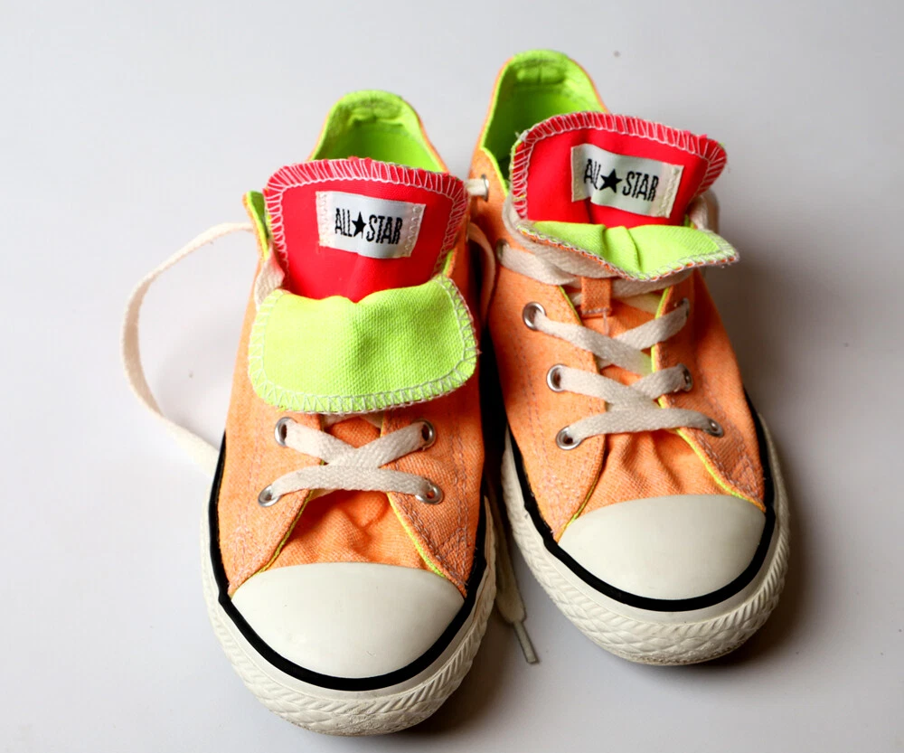 Girls 3 Converse All Star Chuck neon orange coral double tongue