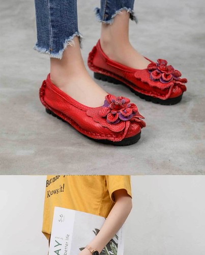 Zapatos mocasines planos de cuero con flores para mujer sin cordones étnicos retro Gommino conducir - Imagen 14 de 29