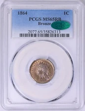 1864 Indian Head Cent Bronze PCGS MS 65RB CAC Die Cracks S-1