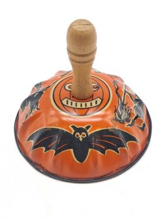 Vintage Halloween Kirchoff Tin Litho Noisemaker Bat Witches Pumpkin