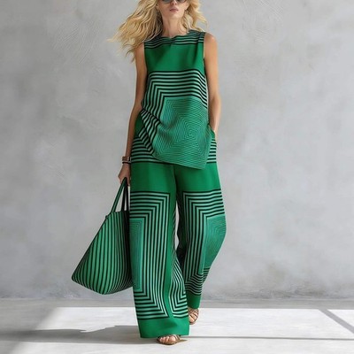 Lightweight Geometric Striped Sleeveless Top And Wide-leg Pants