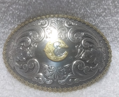 Nocona Letter C Silver Engraved Oval Belt Buckle Gold Flower Edge Great Shape