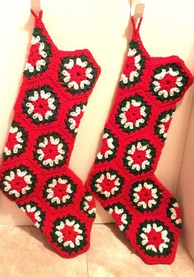 Christmas Stockings 2 Crochet Red Green & White Hexagon Granny Square Pattern