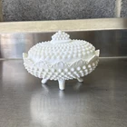 Vintage Fenton White Milk Glass Hobnail Footed Covered Candy Dish