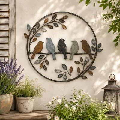 Bird Metal Wall Art, Round Garden Wall Decor, Outdoor Patio Bird Branch Hanging