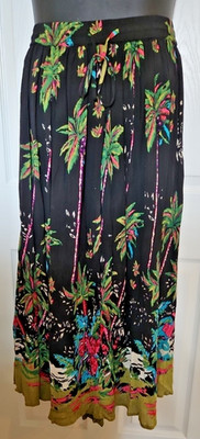White Stag 26/28W Black Pink Crinkle Rayon Tropical Print Broom Skirt Boho Chic