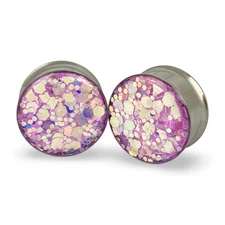 Embedded Pink/Lavender Chunky Glitter Steel Double Flare Plugs gauges pair