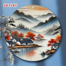 1pc 2D 2D Flat, 1pc Asian Style Mountain Metal Wall Decoration- Round Aluminum S