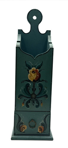 Vintage Blue Hand-painted Norwegian Rosemaling Wall Pocket/Utensil Holder Drawer