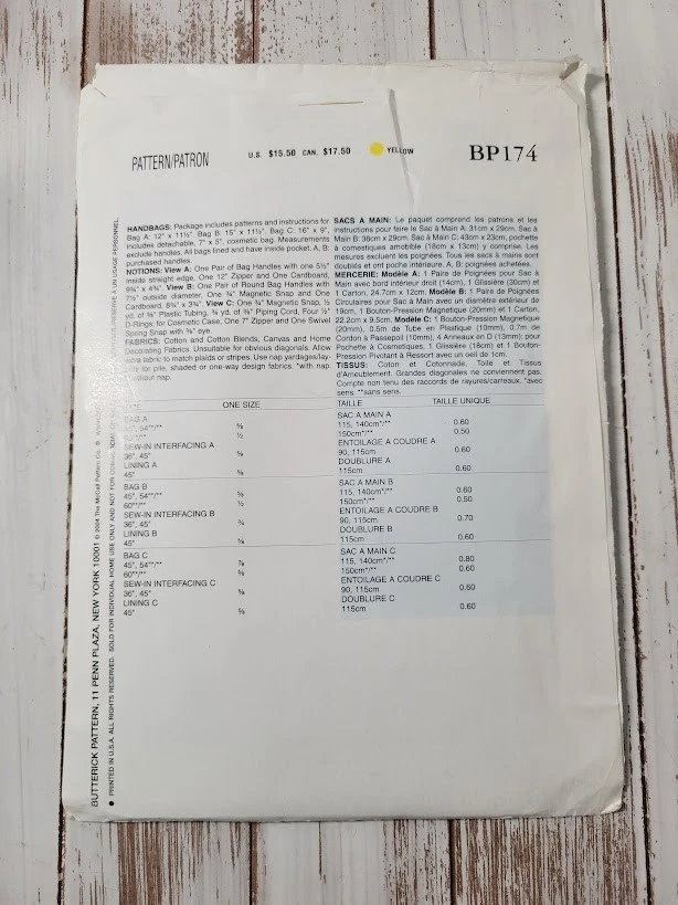 Butterick Sewing Pattern BP174 Handbags Uncut - Image 2 of 3