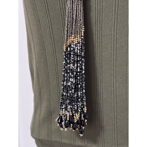 Women's Chunky Seed Bead Tassel Black Braided Gold Tone Statement Necklace BOHO - Picture 2 of 8