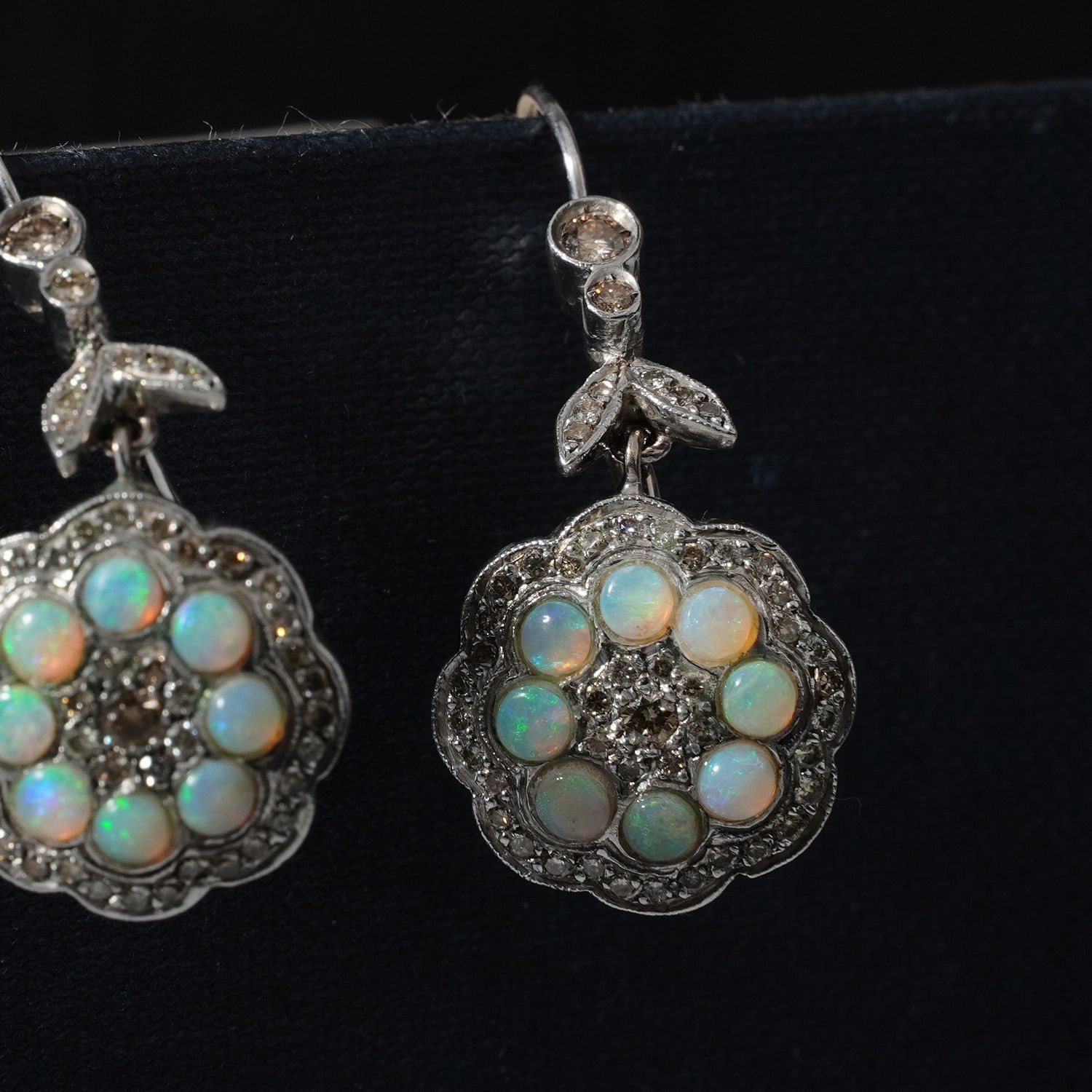 Vintage Solid Opal Diamond Flower Drop Earrings 9… - image 4