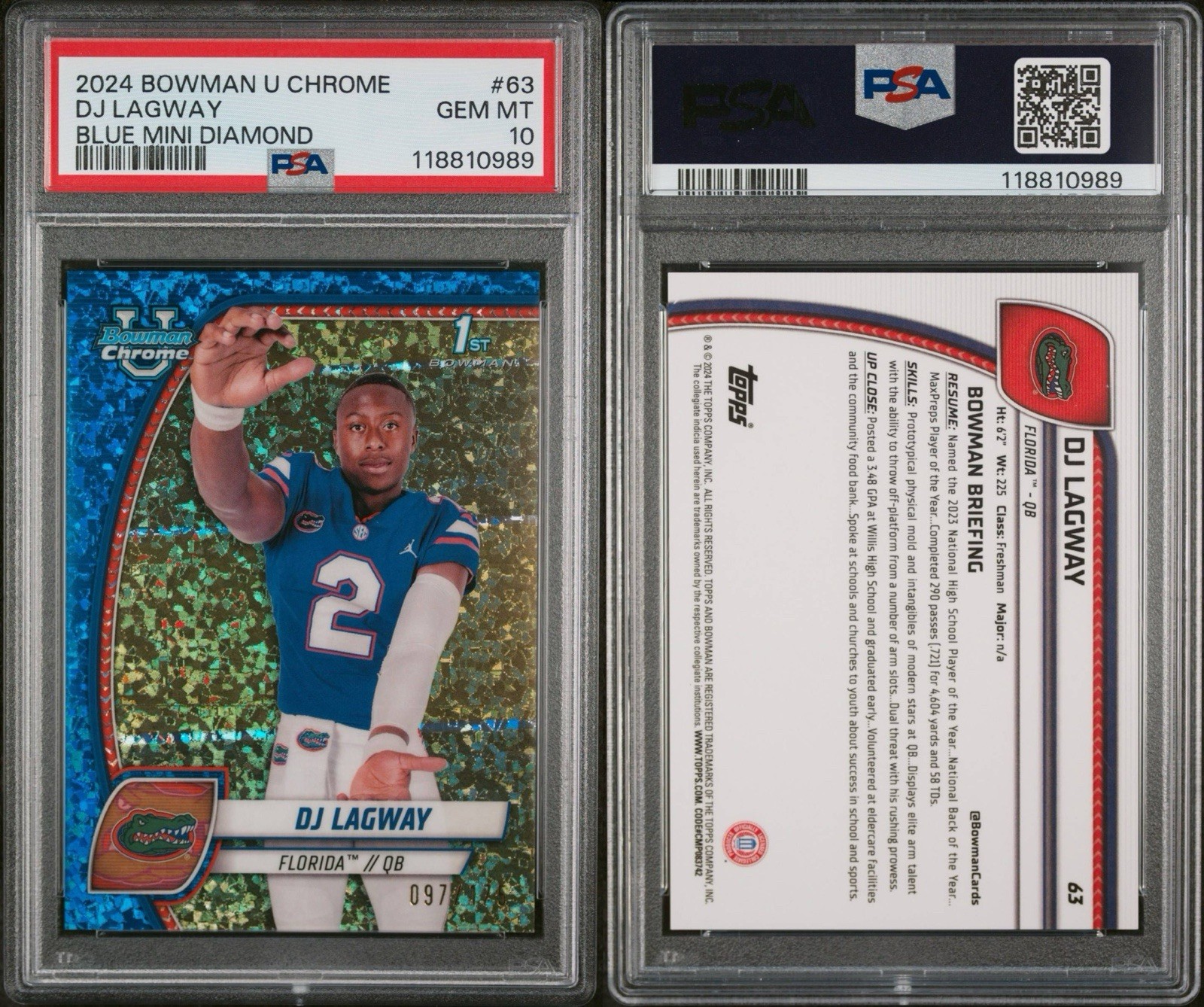 DJ Lagway 2024 Bowman U Chrome 1st Blue Mini Diamond /175 PSA 10 RC