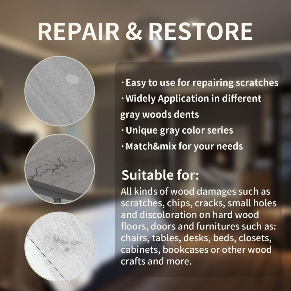 Curated visual reference: Visual Reference: Wood Repair Kit 13Pcs Fillers Furniture Kit Scratch Cover Gray