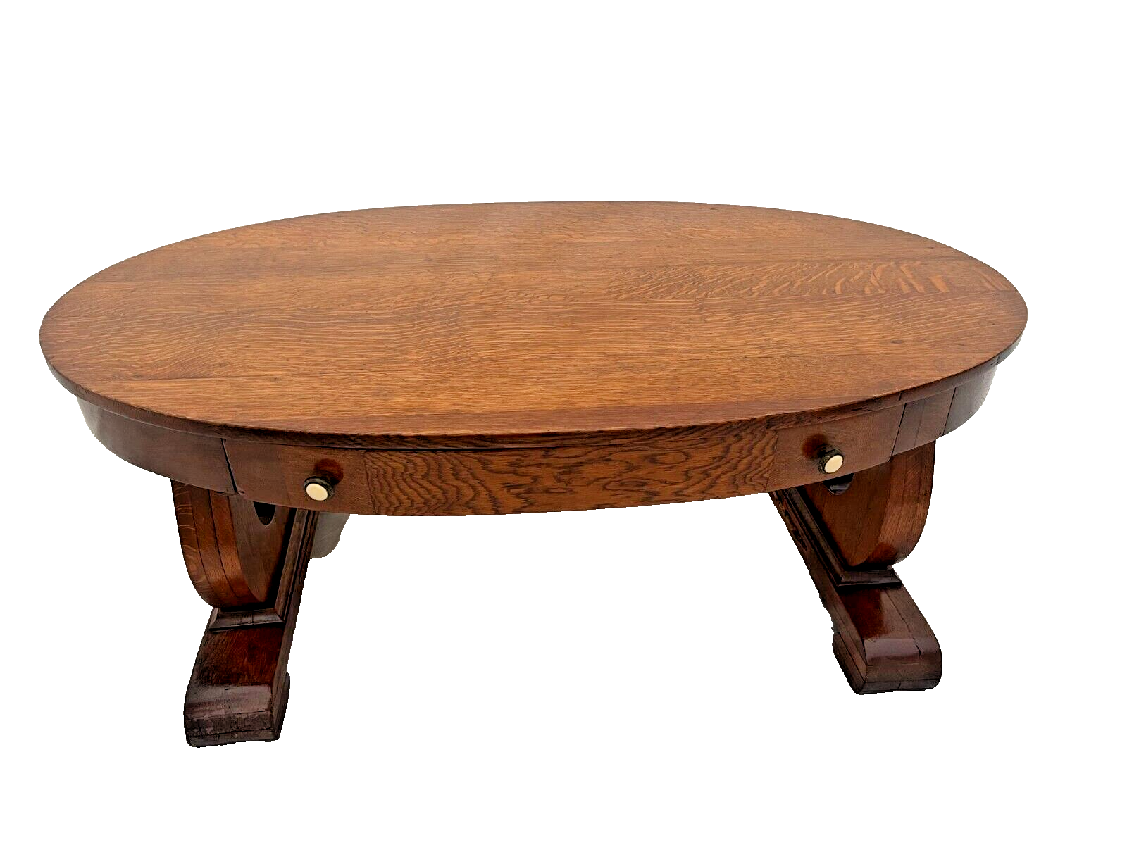 Antique Oval Coffee Table Quarter Sawed Oak Top Center Drawer Empire