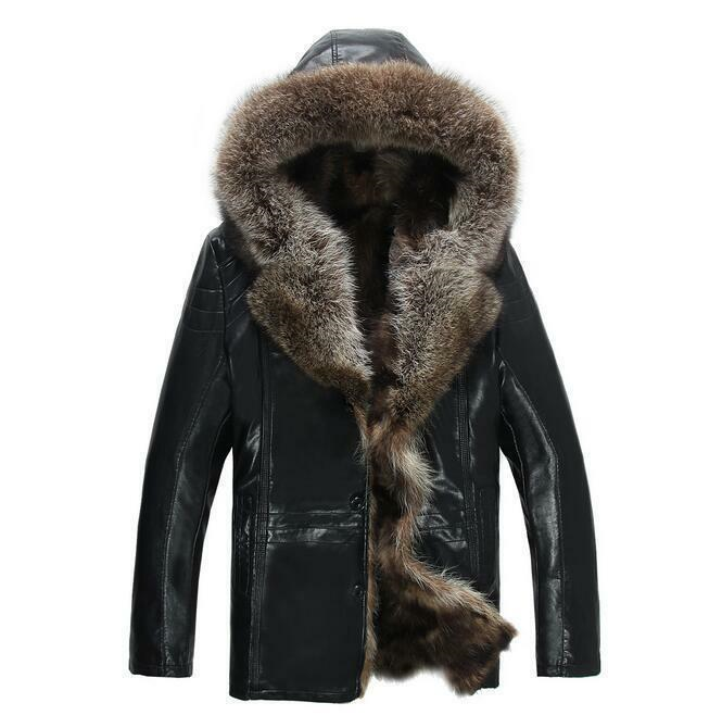 Mens Jacket Outwear Warm Winter Coat Hooded 100% Real Fur