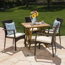 Alva Outdoor 5 Piece Acacia Wood/ Wicker Dining Set with Cushions