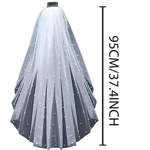 White Wedding Veils Bridal Fingertip Pearl Hair Accessories Bridal Veil - Picture 6 of 6