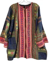 Vtg Traditional Thailand Handmade Cross Stitch Textile Shirt w/ Toggle Buttons