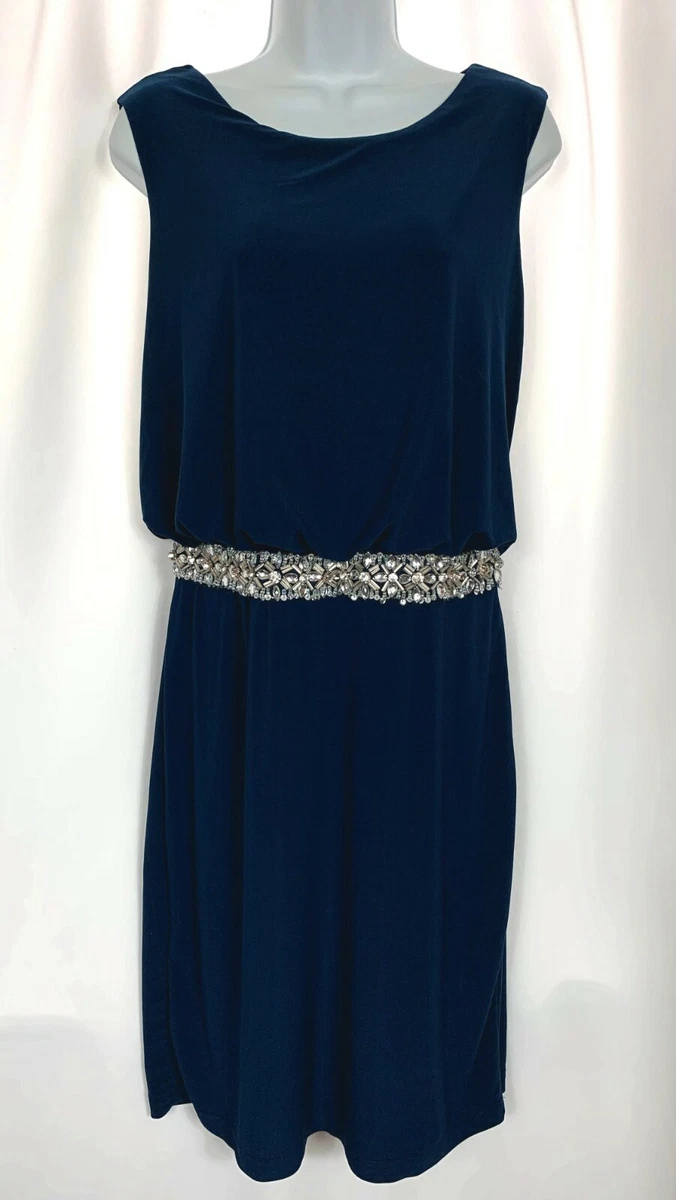 CACHET Womens Size 10 Navy Blue Stretch Sleeveless Shiny Crystals Formal Dress