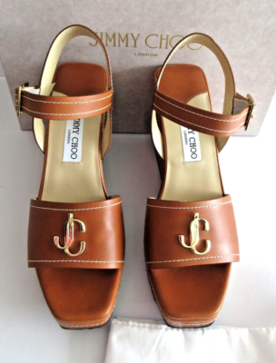 NEW Jimmy Choo London JC Wedge Leather sandals 110 OVJC Tan