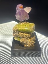 Peter Muller Hand Carved Amethyst Finch on Tourmaline Base 3"