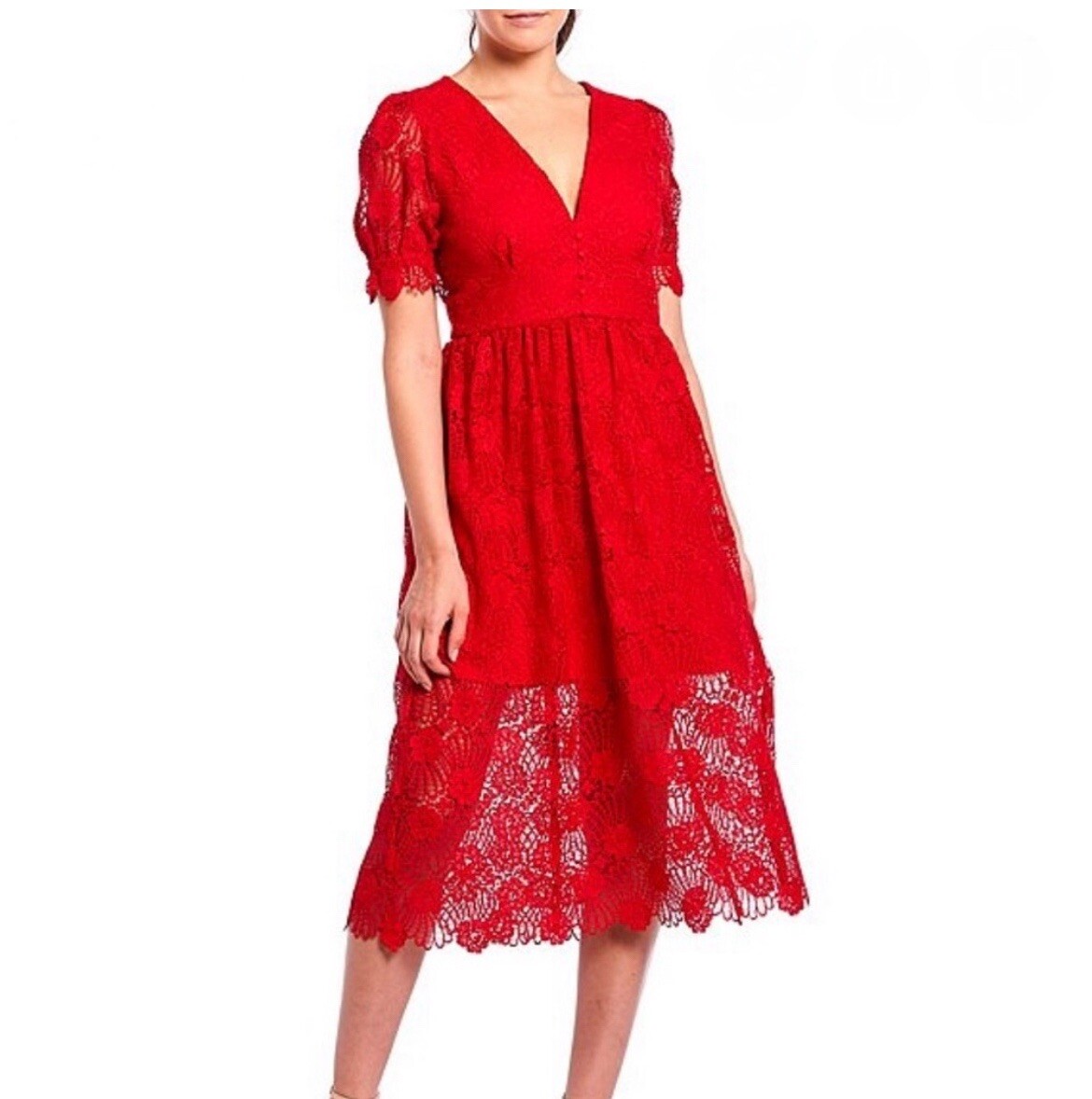 GIANNI BINI Red Lace Midi Dress Short Puff Sleeve V Neckline A-Line Size 4 New | eBay GIANNI BINI Red Lace Midi Dress Short Puff Sleeve V Neckline A-Line Size 4 New | eBay