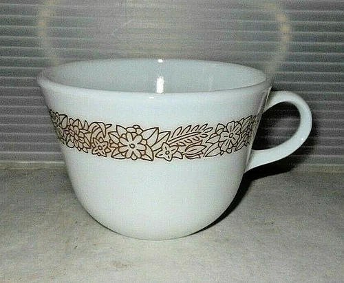 Mid Century Vintage Pyrex/Corelle White Milk Glass Woodland Brown Flat Cup
