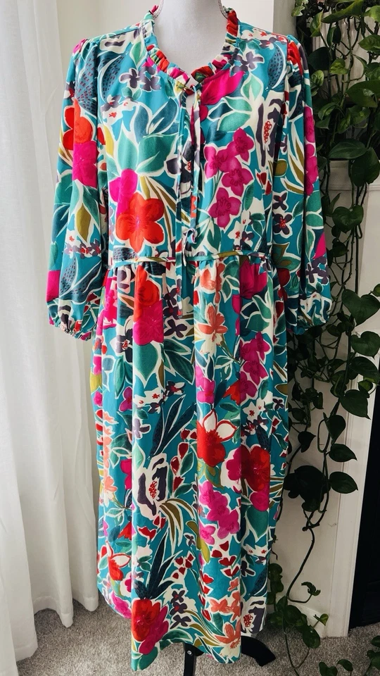 Maxi Vestido Umgee Azul y Rosa Floral Tropical Terroso Boho Caprichoso Artístico - Plus 1XL Foto 2 de 4