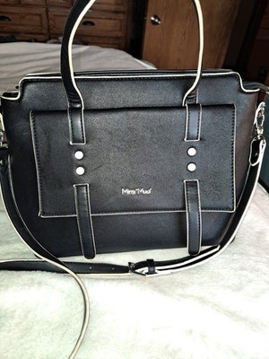 Mimi Mua Firenze Black White Contrast Trim Tote Stud Accent Adjustable Strap Big