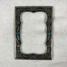 Heirloom Pewter & Faux Turquoise Jeweled 4x6 Photo Frame Ornate Art Deco Style