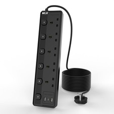 WLV 3M 5 Gang Extension Lead with 3 USB Slots, Black 3M, 5 Gang, 2A1C,