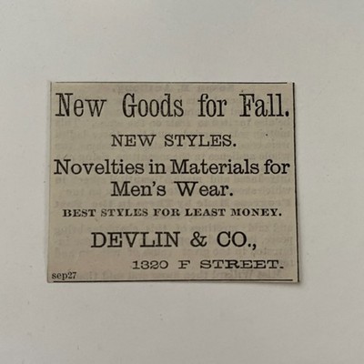 Devlin & Co New Goods Fall Men's Wear F St 1881 Washington DC Clipping TAJ8-S41