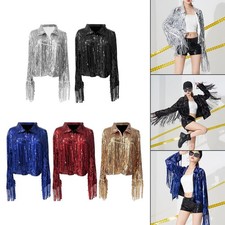 Damen Paillettenjacke mit Quaste, Lang&auml;rmeliger Reversmantel, Vorne Offener