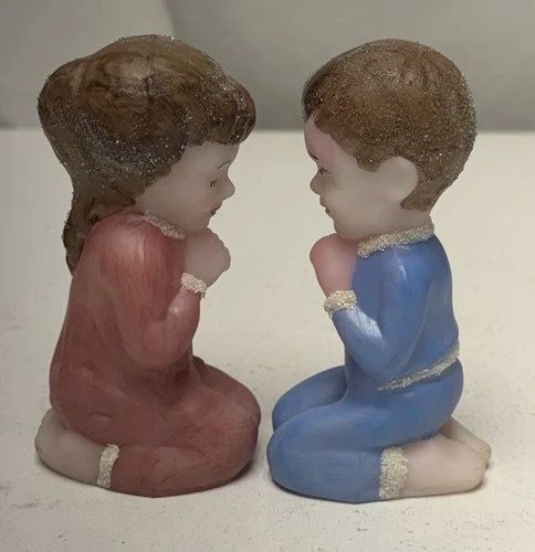 Fenton Glass Burmese Hand Painted Praying Boy & Girl Figurines Artist Signed Set