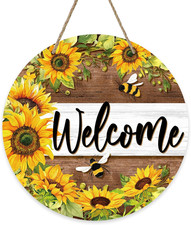 Welcome Spring Summer Sunflower Front Door Sign, Flower Bumble Bee Wood Door Han